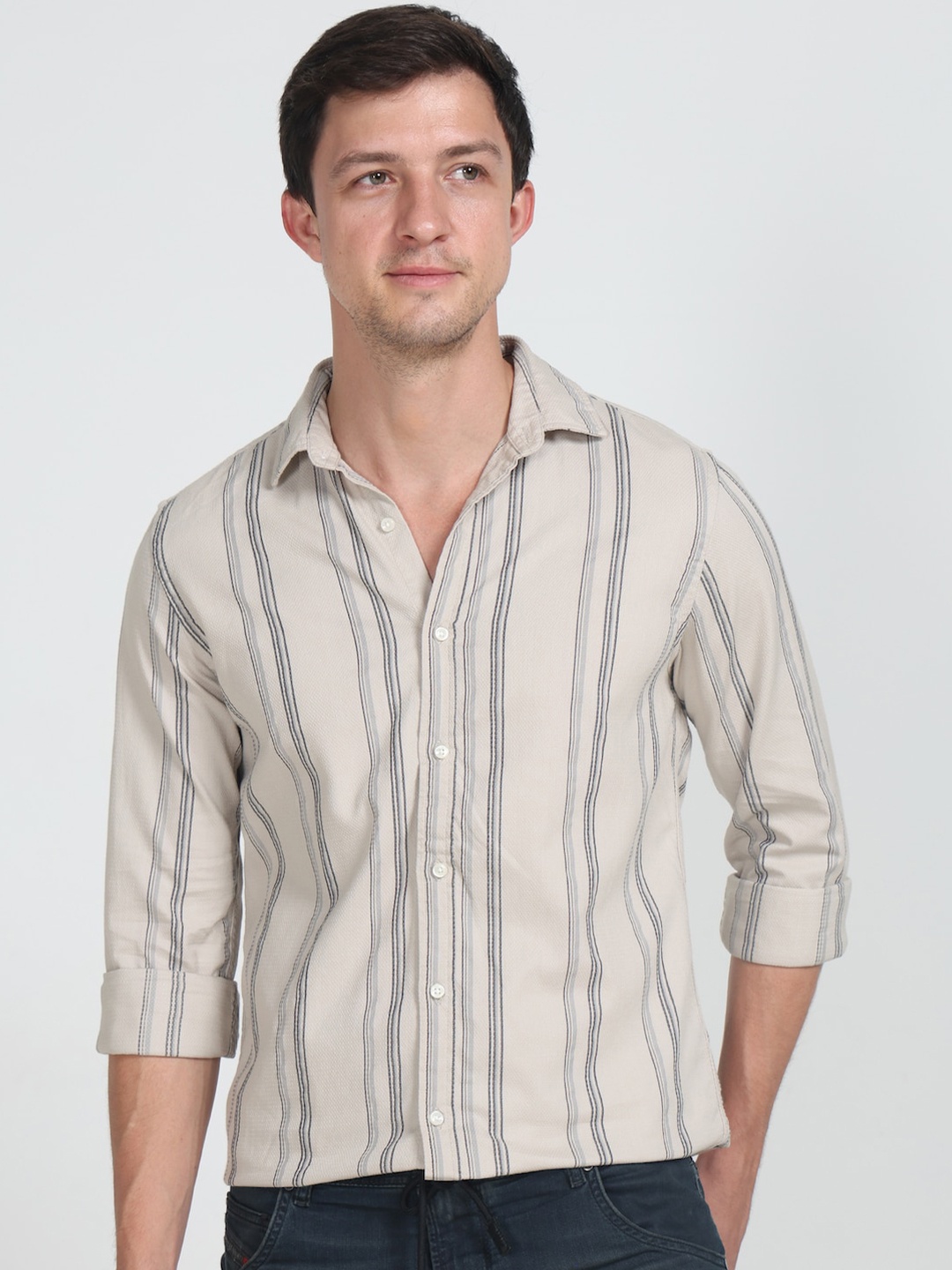 

POE Smart Vertical Striped Slim Fit Shirt, Beige