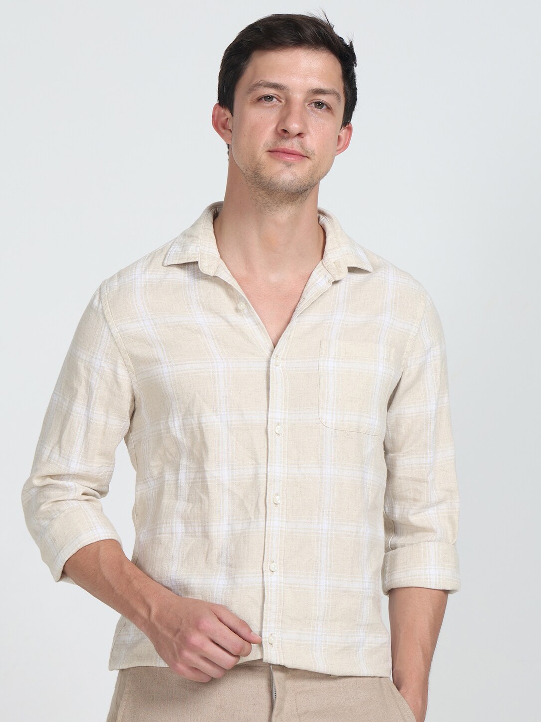 

POE Smart Checked Slim Fit Linen Shirt, Beige
