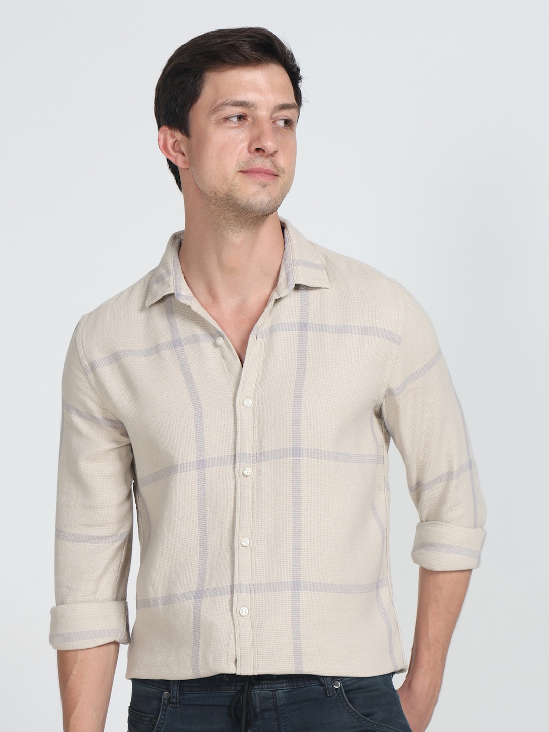 

POE Smart Checked Slim Fit Cotton Shirt, Beige