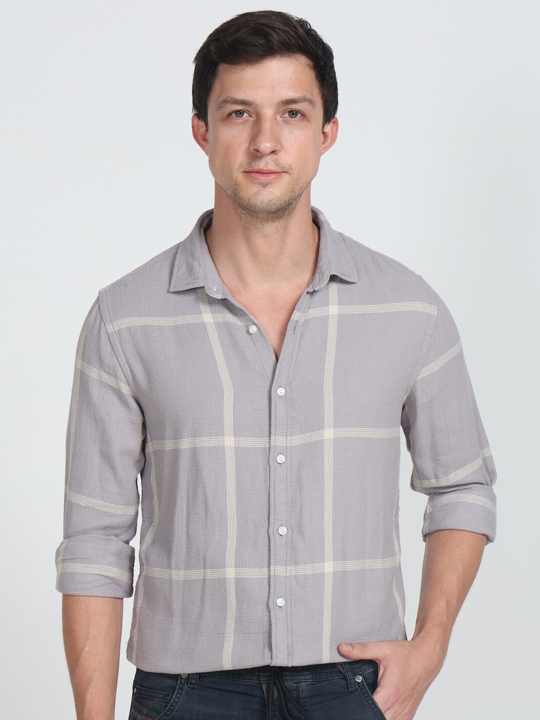 

POE Smart Checked Slim Fit Cotton Shirt, Grey