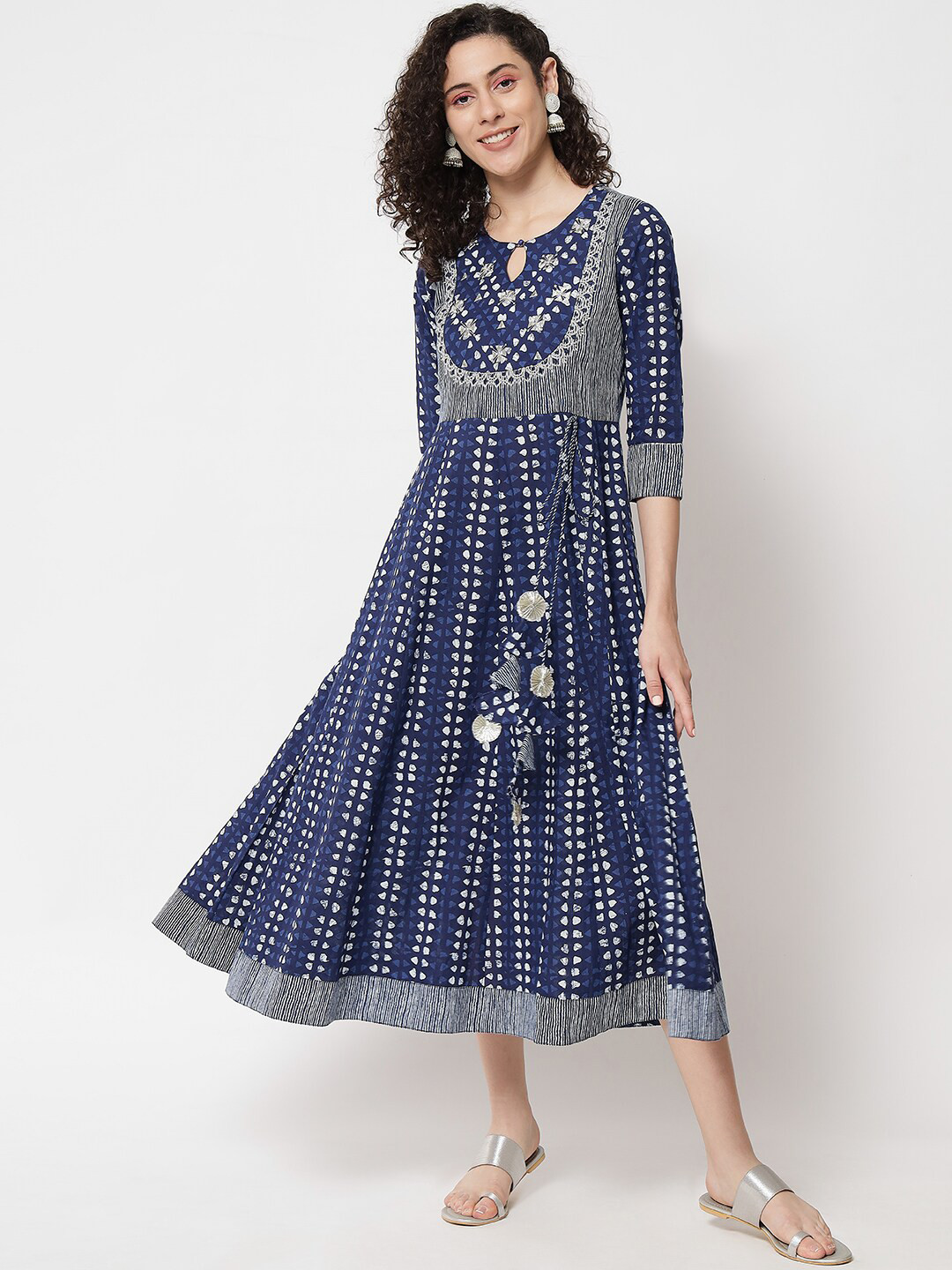 

KALINI Ethnic Motifs Printed Pure Cotton Fit and Flare Midi Ethnic Dresses, Blue
