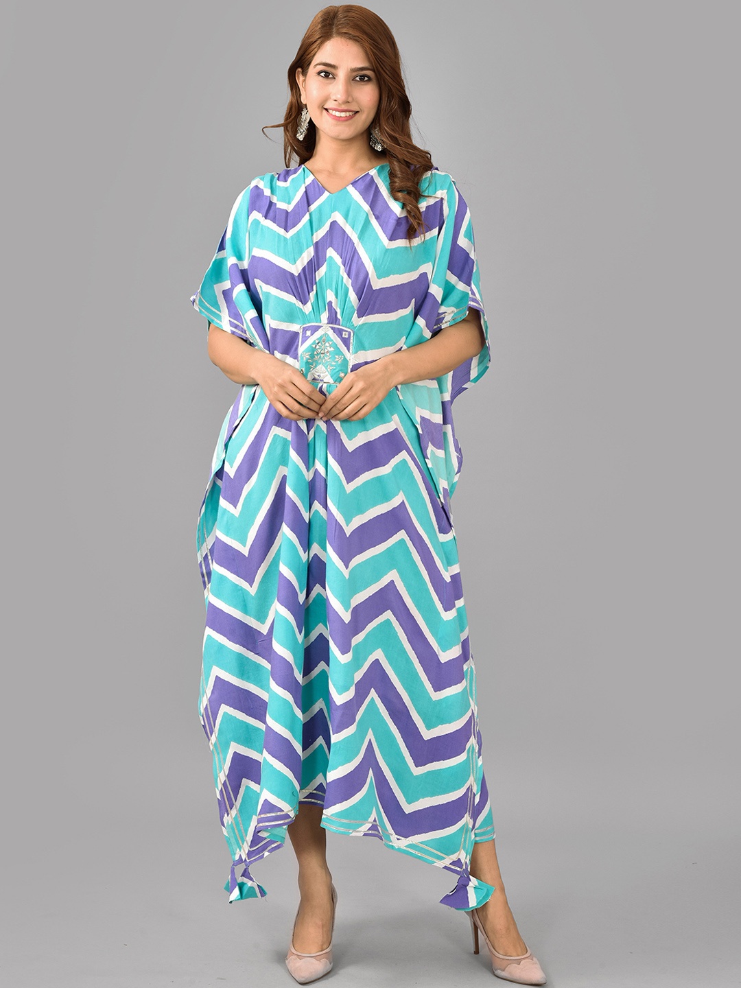 

KALINI Geometric Printed V-Neck Extended Sleeves Gathered Detail Midi Kaftan Dresses, Blue