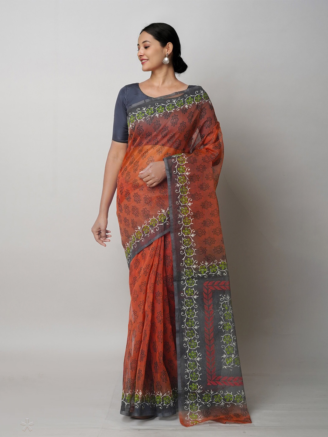

Unnati Silks Ethnic Motifs Block Printed Saree, Brown