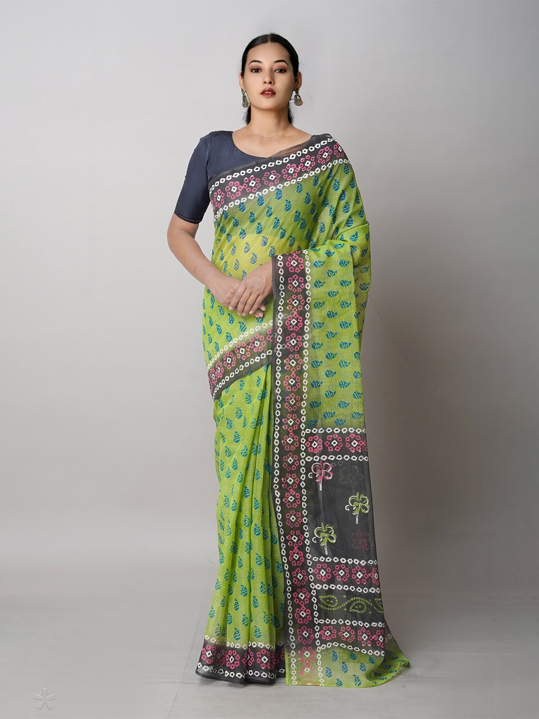 

Unnati Silks Ethnic Motifs Block Printed Pure Cotton Handloom Kota Saree, Green