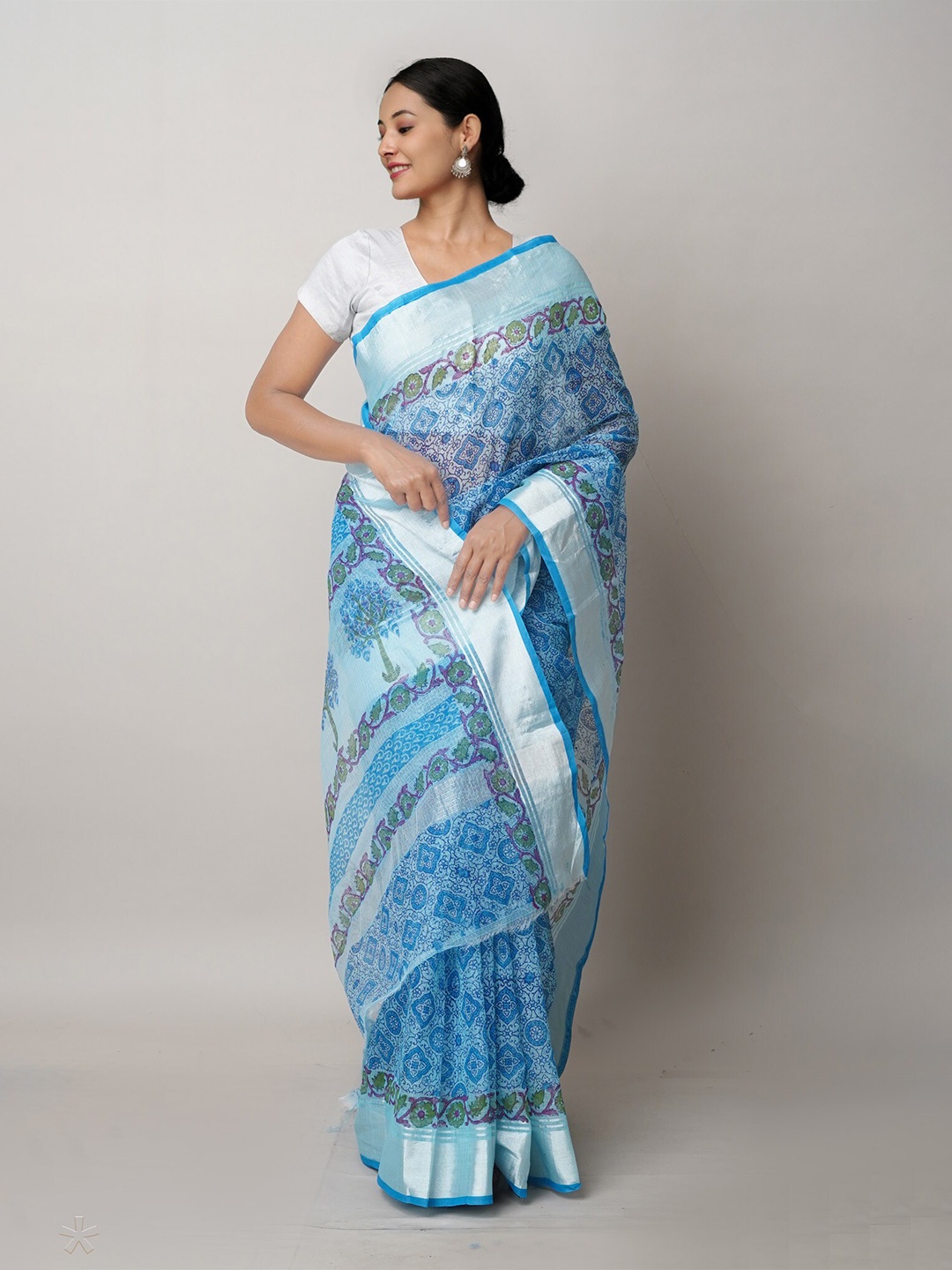 

Unnati Silks Ethnic Motifs Pure Cotton Handloom Kota Block Printed Saree, Blue