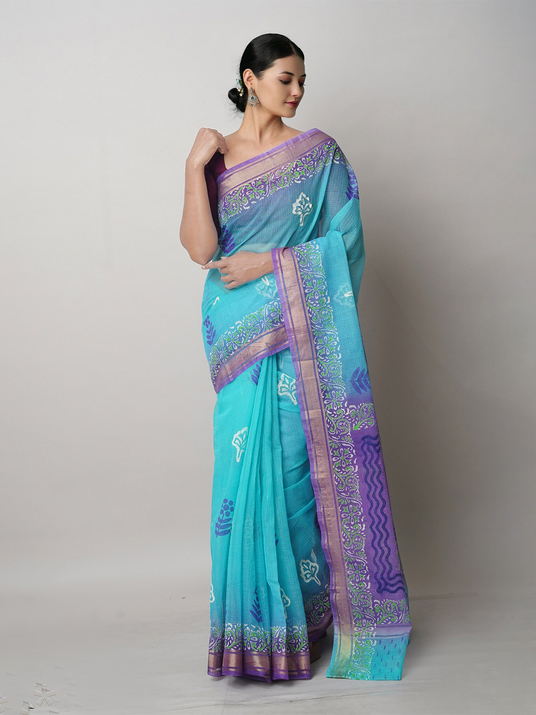 

Unnati Silks Ethnic Motifs Block Printed Pure Cotton Handloom Kota Saree, Turquoise blue