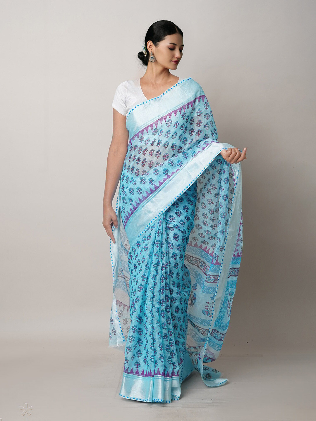 

Unnati Silks Floral Pure Cotton Handloom Kota Block Printed Saree, Blue