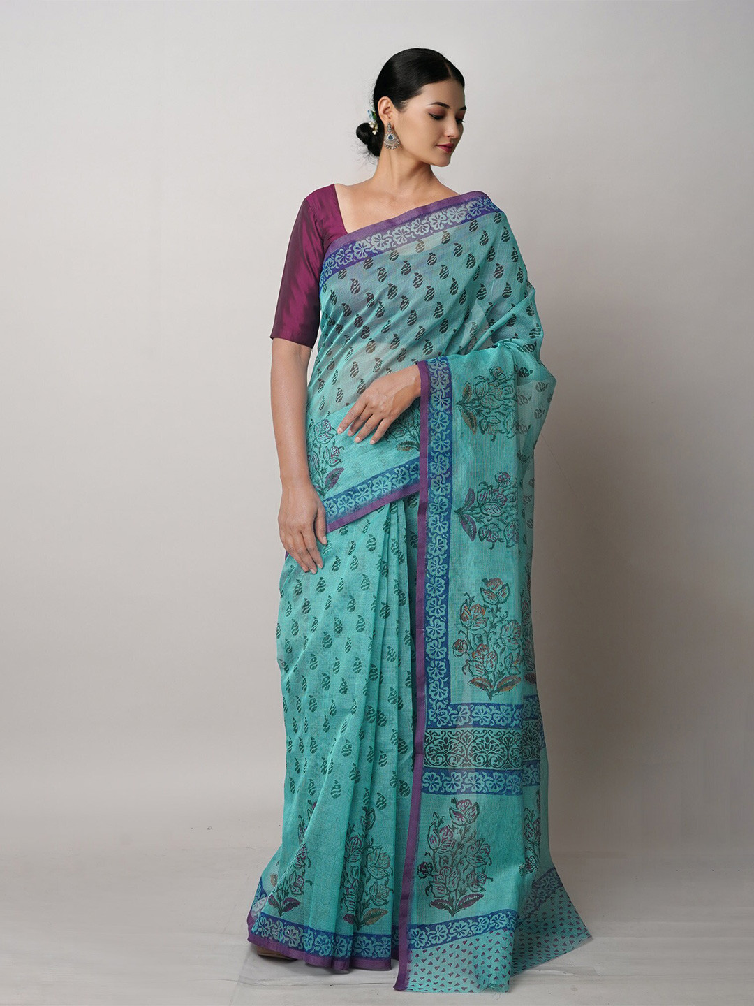 

Unnati Silks Ethnic Motifs Block Printed Saree, Green