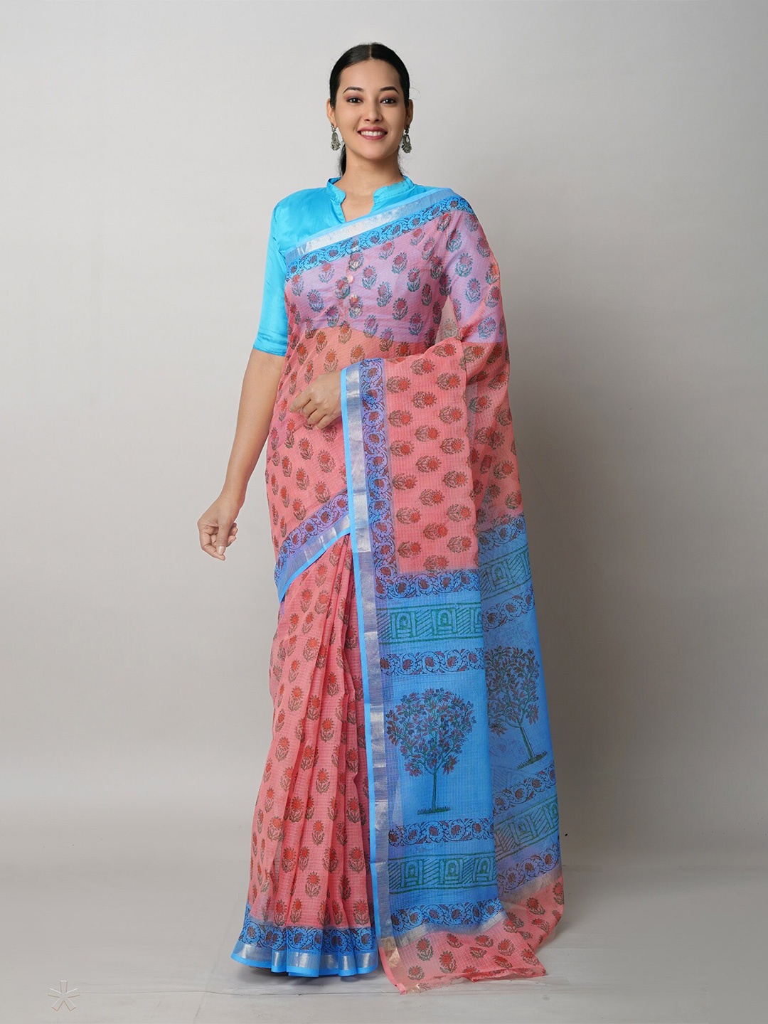 

Unnati Silks Ethnic Motifs Pure Cotton Handloom Kota Block Printed Saree, Orange