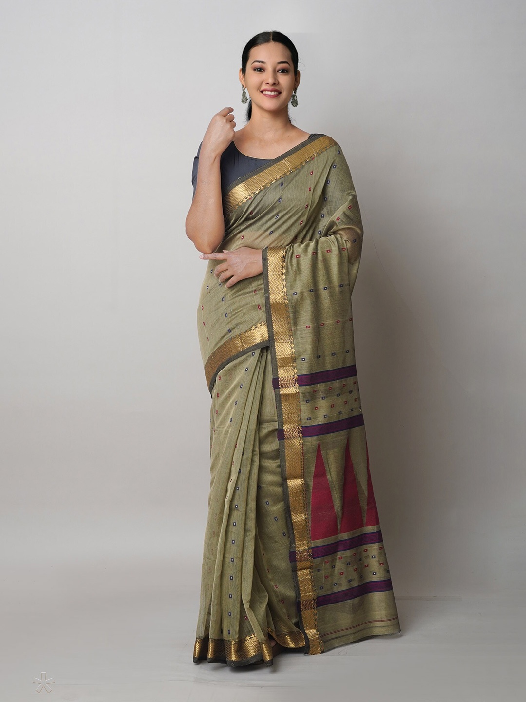 

Unnati Silks Ethnic Woven Design Silk Cotton Handloom Jamdani Saree, Green