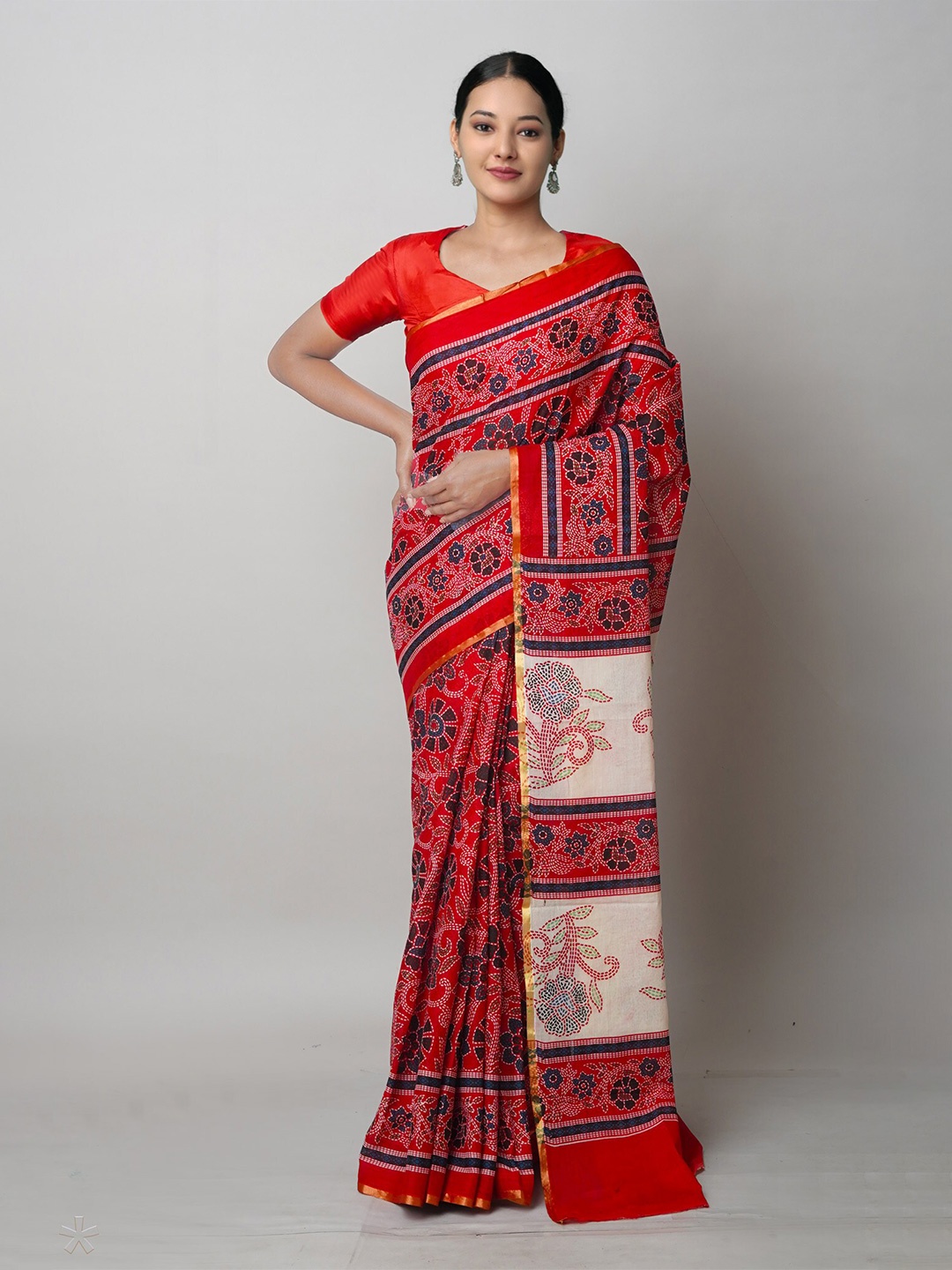 

Unnati Silks Pure Ajrakh Printed Superfine Mulmul Cotton Handloom Block Print Saree, Red