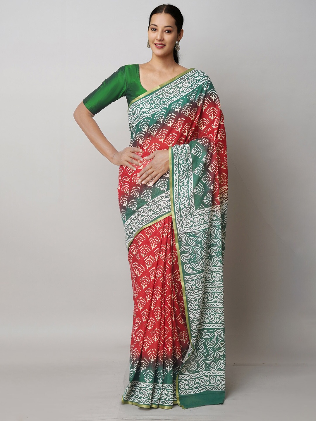 

Unnati Silks Ethnic Motifs Pure Cotton Handloom Block Print Saree, Red