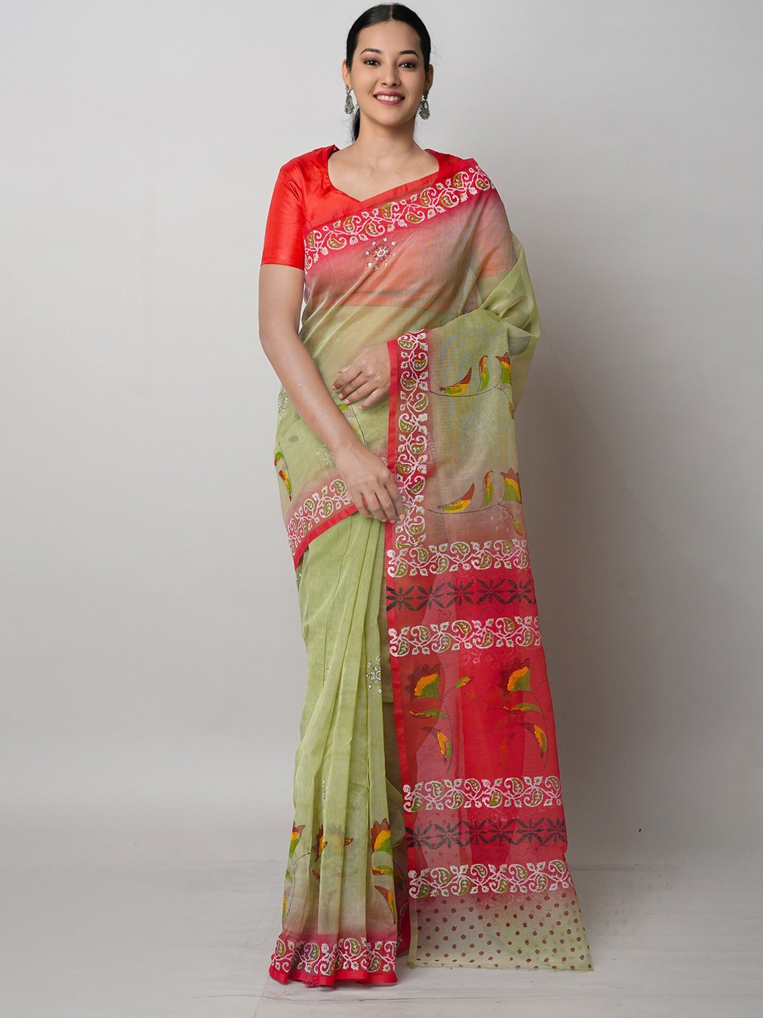 

Unnati Silks Floral Meghalaya Supernet Block Print Saree, Green