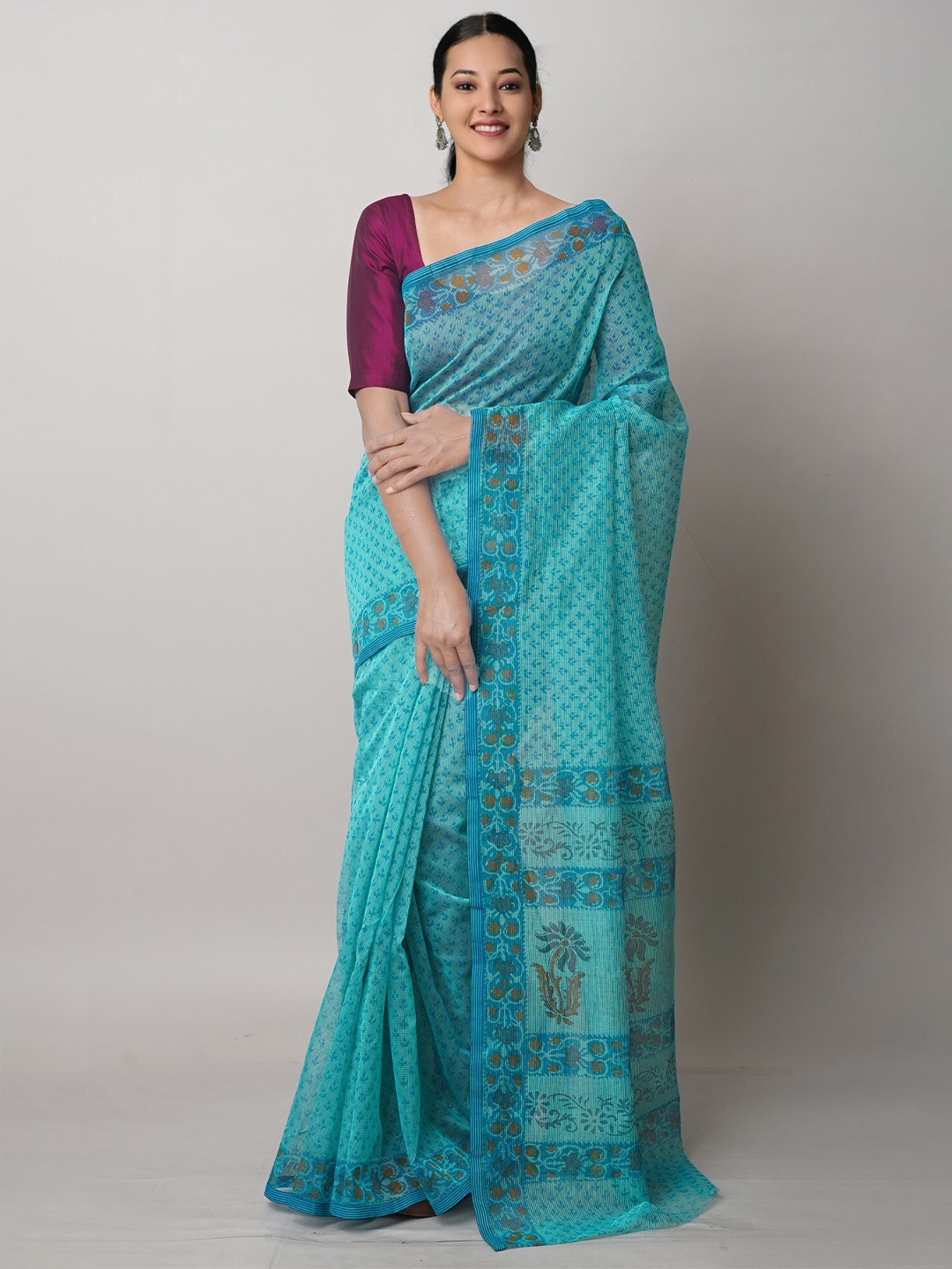

Unnati Silks Floral Meghalaya Supernet Block Print Saree, Green