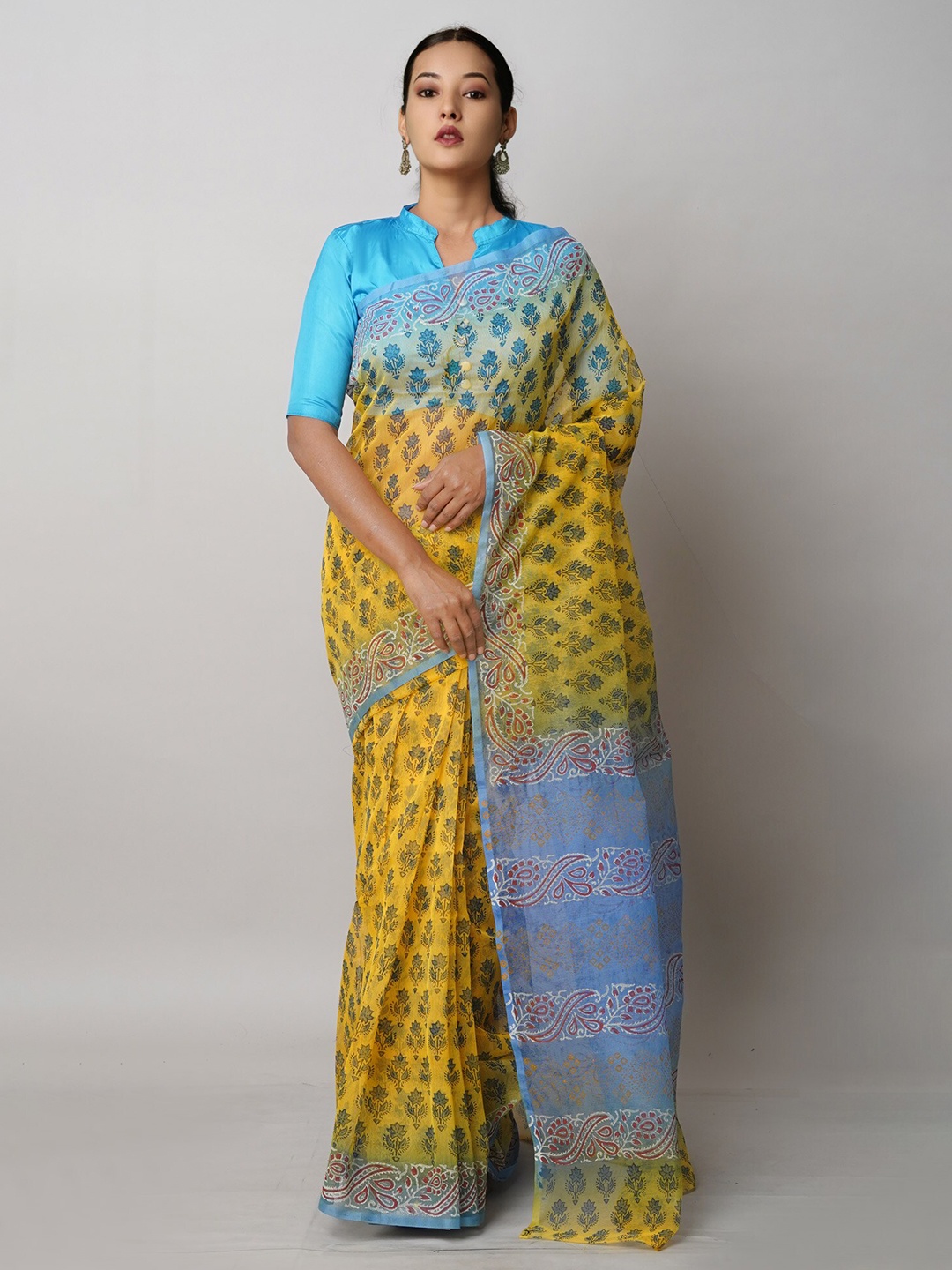 

Unnati Silks Ethnic Motifs Block Printed Saree, Yellow