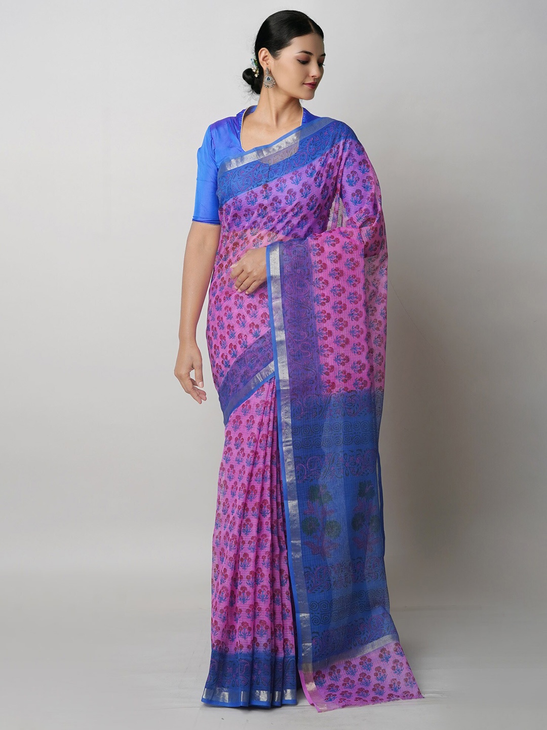 

Unnati Silks Floral Pure Cotton Handloom Kota Block Printed Saree, Pink