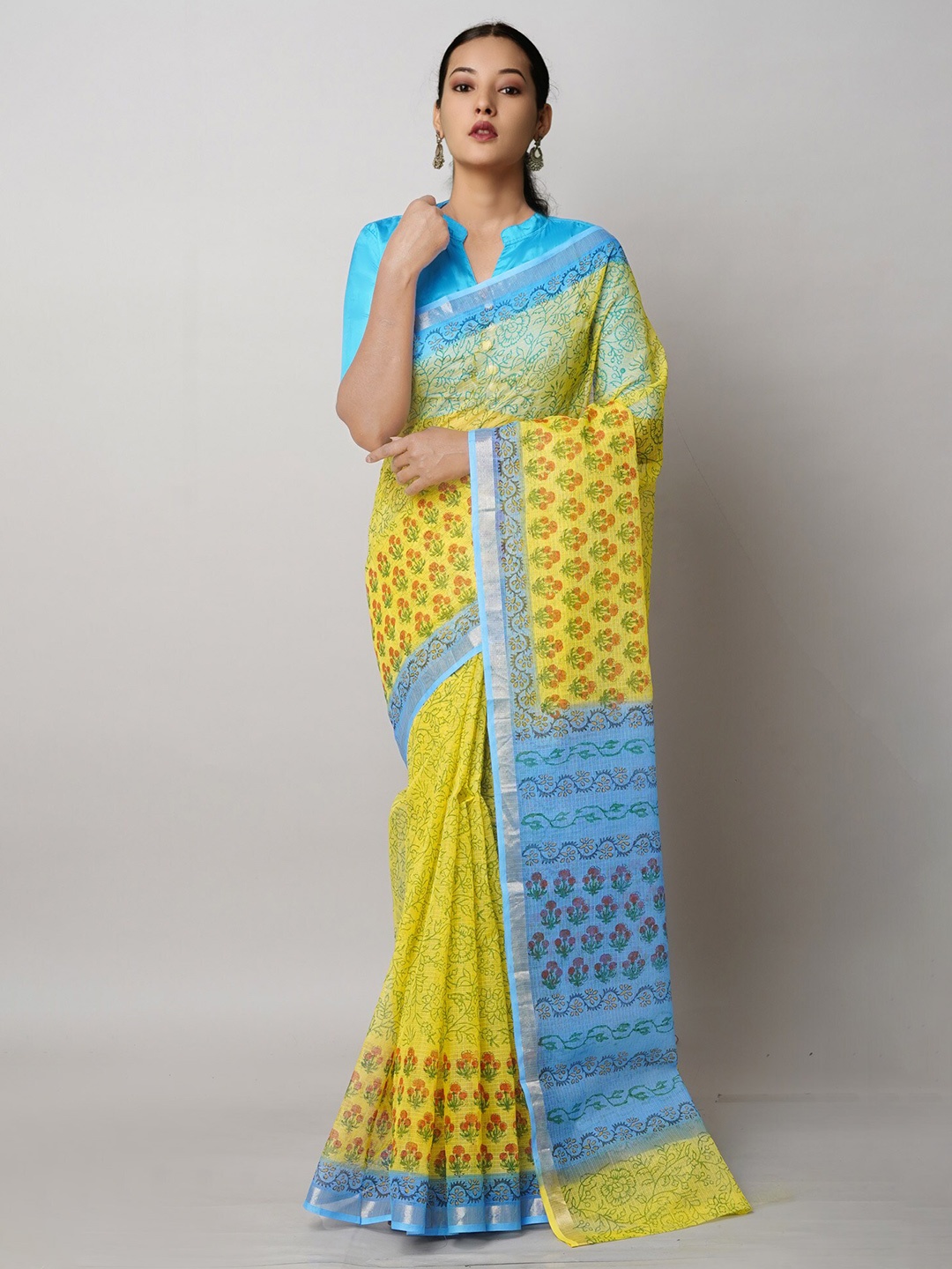 

Unnati Silks Floral Printed Pure Cotton Handloom Kota Saree, Yellow