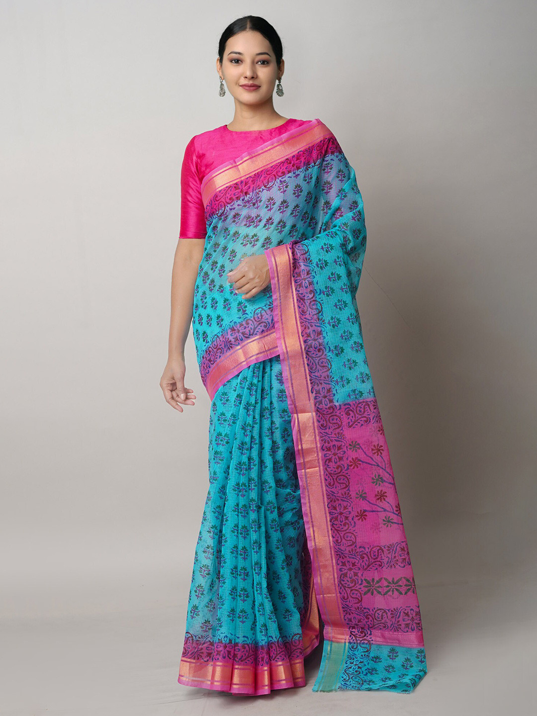 

Unnati Silks Ethnic Motifs Block Printed Pure Cotton Handloom Kota Saree, Turquoise blue