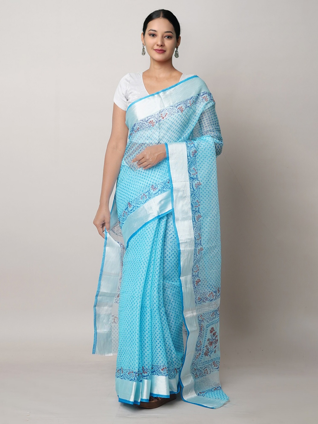 

Unnati Silks Floral Pure Cotton Handloom Kota Block Printed Saree, Blue