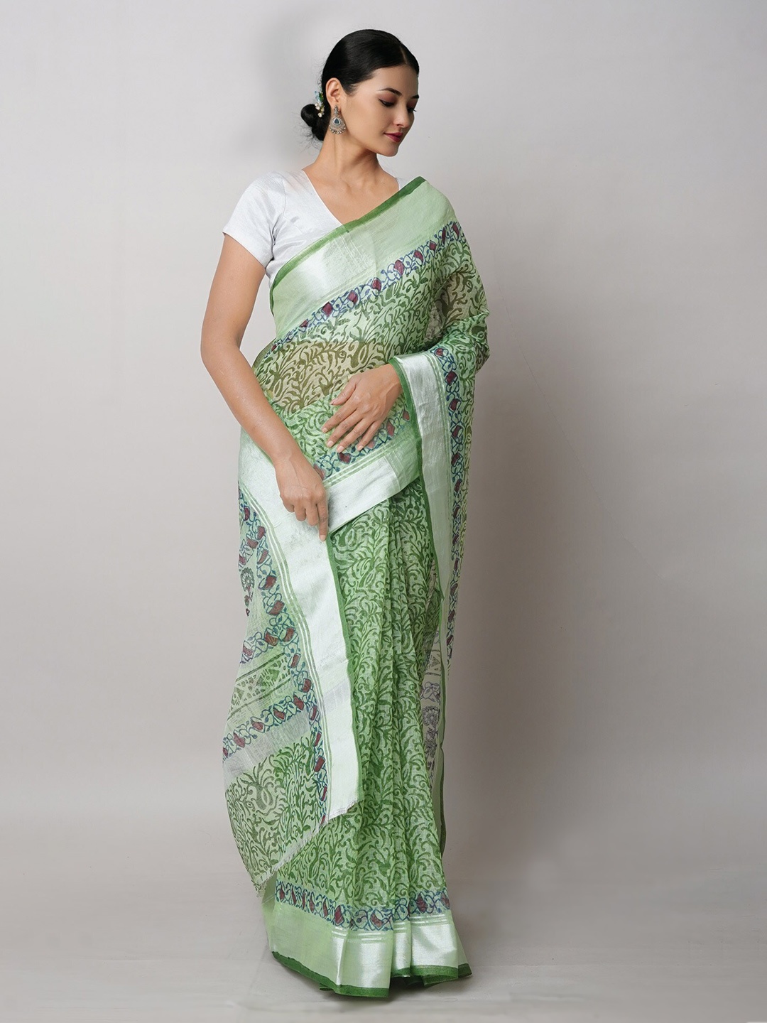 

Unnati Silks Ethnic Motifs Block Printed Pure Cotton Handloom Kota Saree, Green