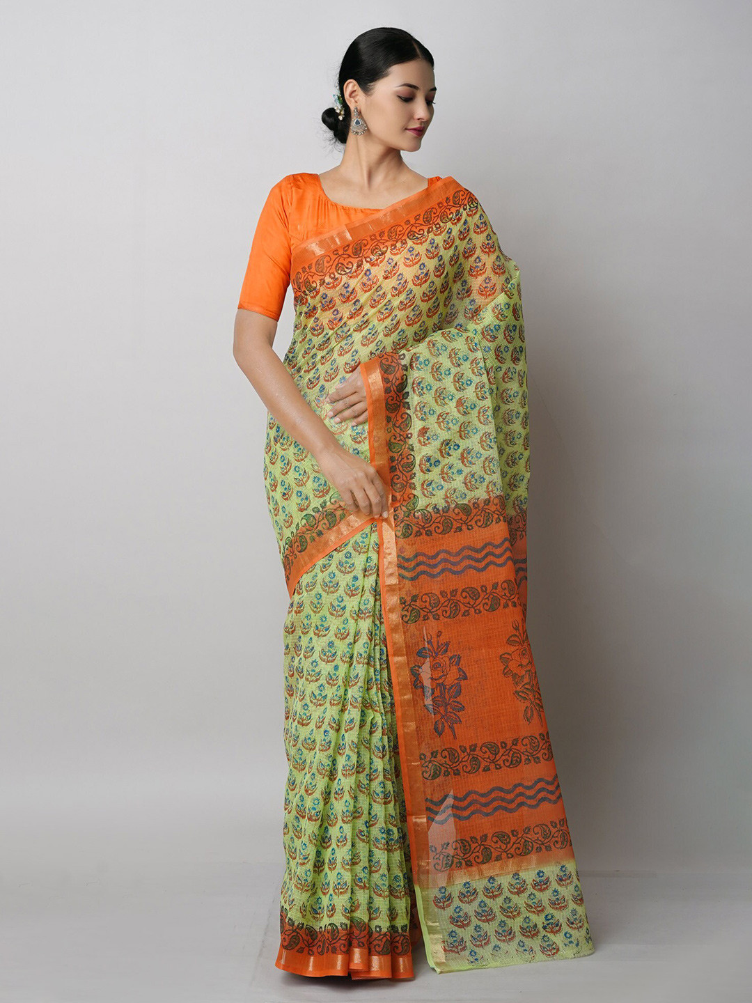 

Unnati Silks Ethnic Motifs Black Printed Pure Cotton Handloom Kota Saree, Green