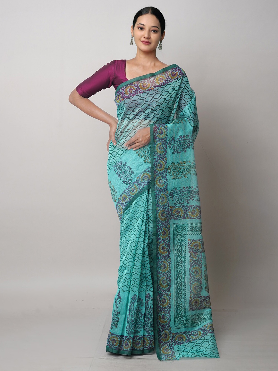 

Unnati Silks Ethnic Motifs Meghalaya Supernet Block Print Saree, Green