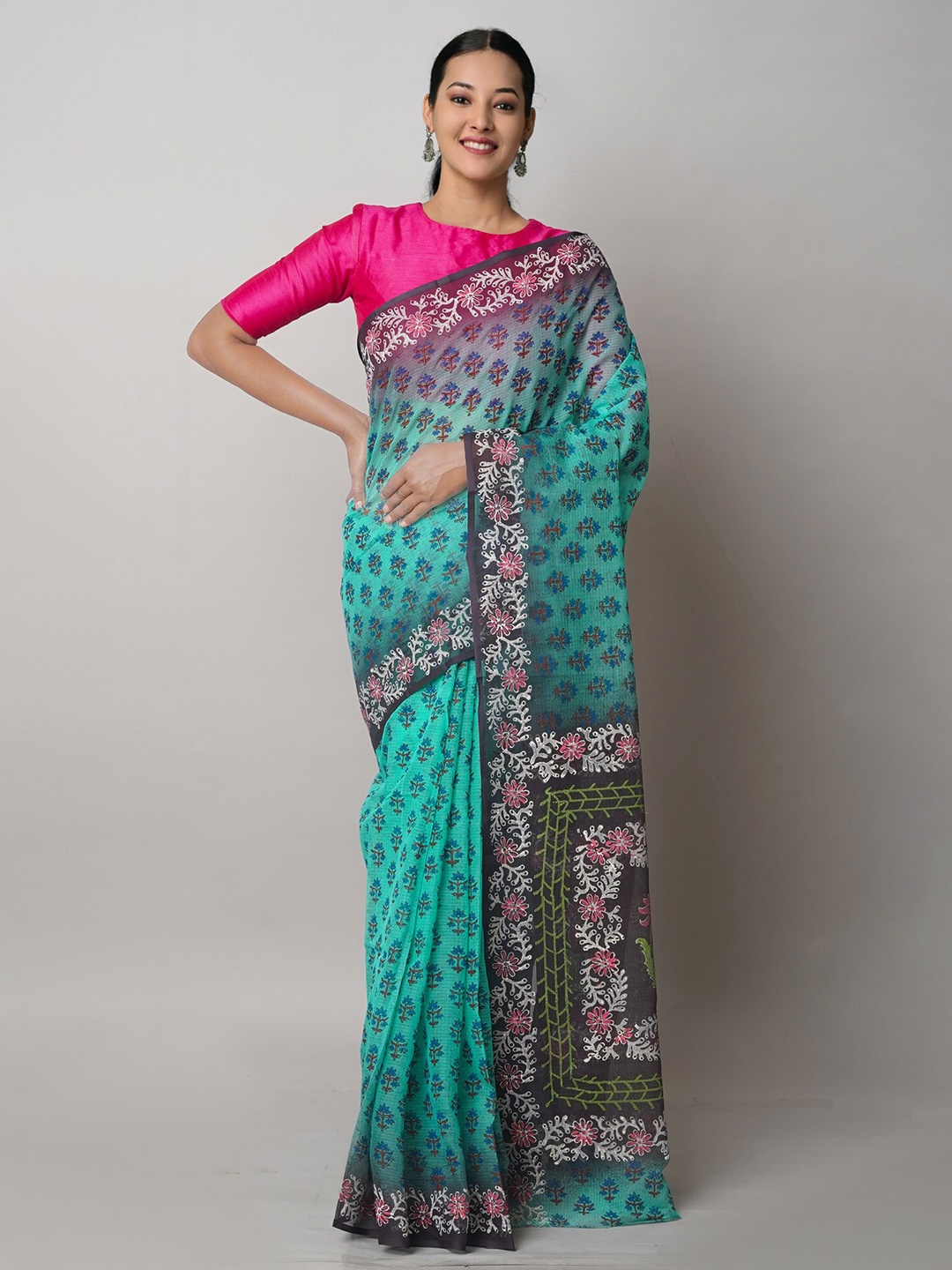 

Unnati Silks Ethnic Motifs Pure Cotton Handloom Kota Block Printed Saree, Turquoise blue