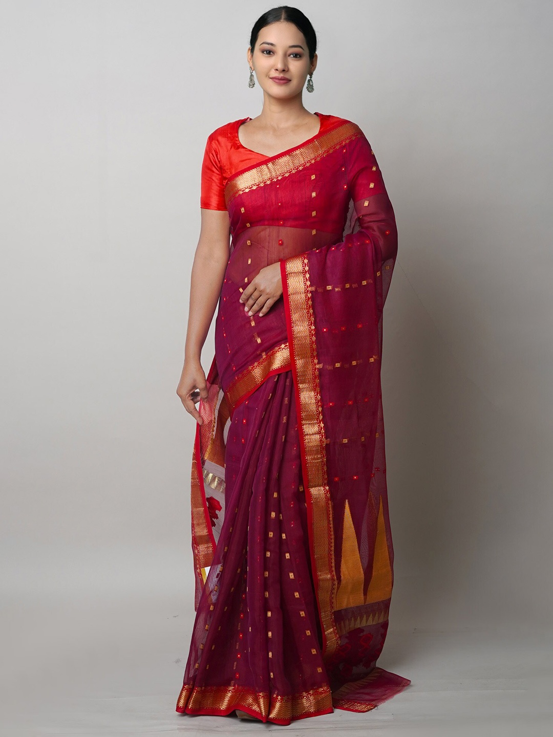 

Unnati Silks Woven Design Cotton Silk Handloom Jamdani Saree, Maroon