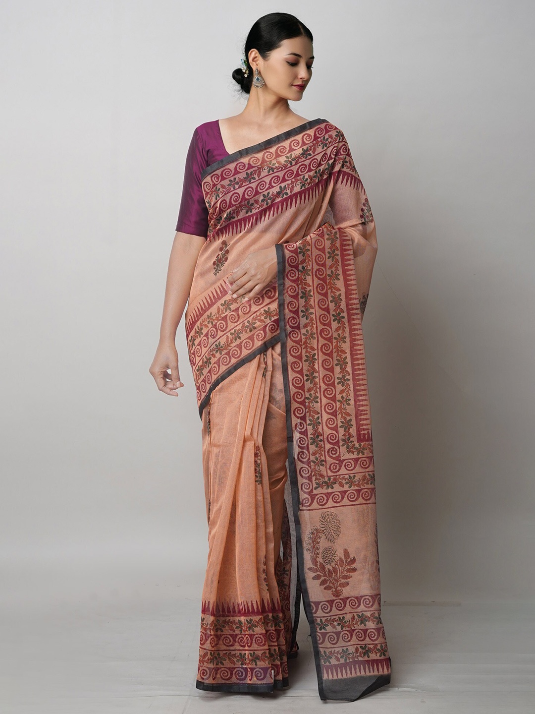 

Unnati Silks Ethnic Motifs Supernet Block Print Saree, Brown