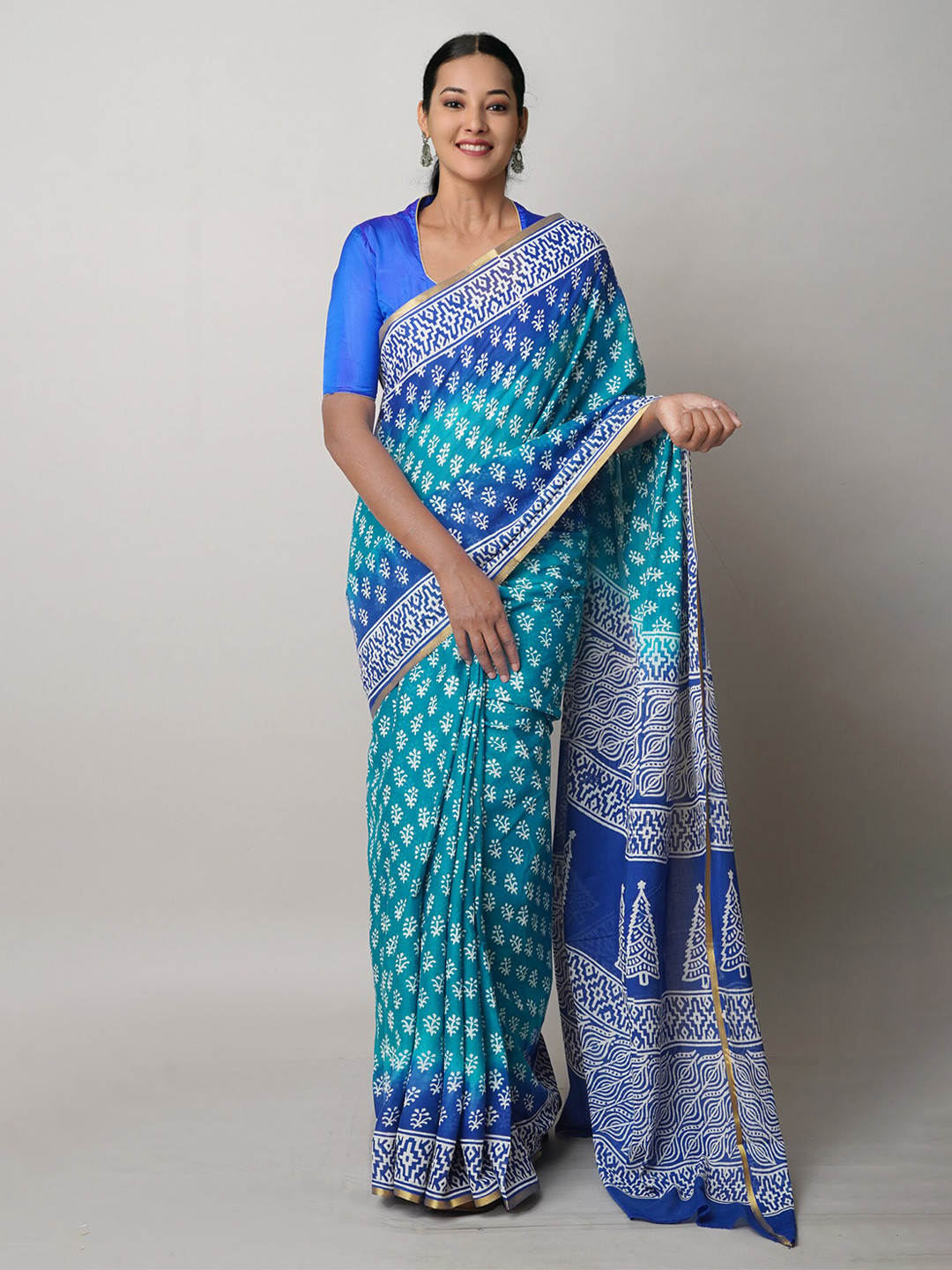 

Unnati Silks Ethnic Motifs Pure Cotton Handloom Block Printed Saree, Green