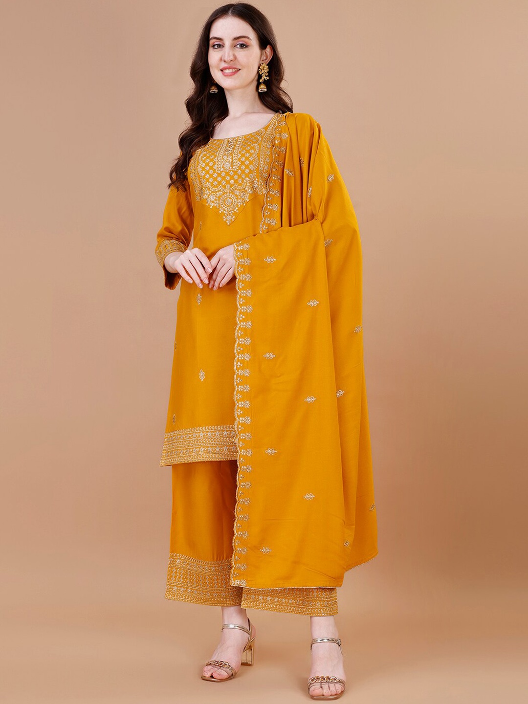 KALINI Ethnic Motifs Embroidered Sequinned Kurta With Palazzos & Dupatta, Yellow