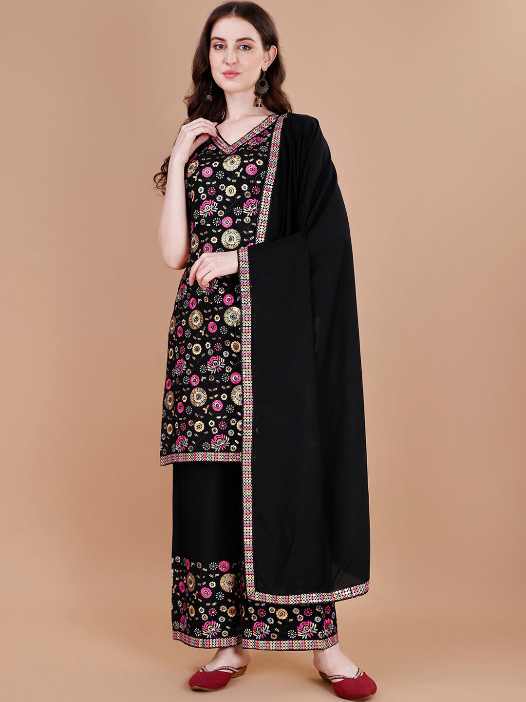 

KALINI Ethnic Motifs Embroidered Thread Work Kurta With Palazzos & Dupatta, Black
