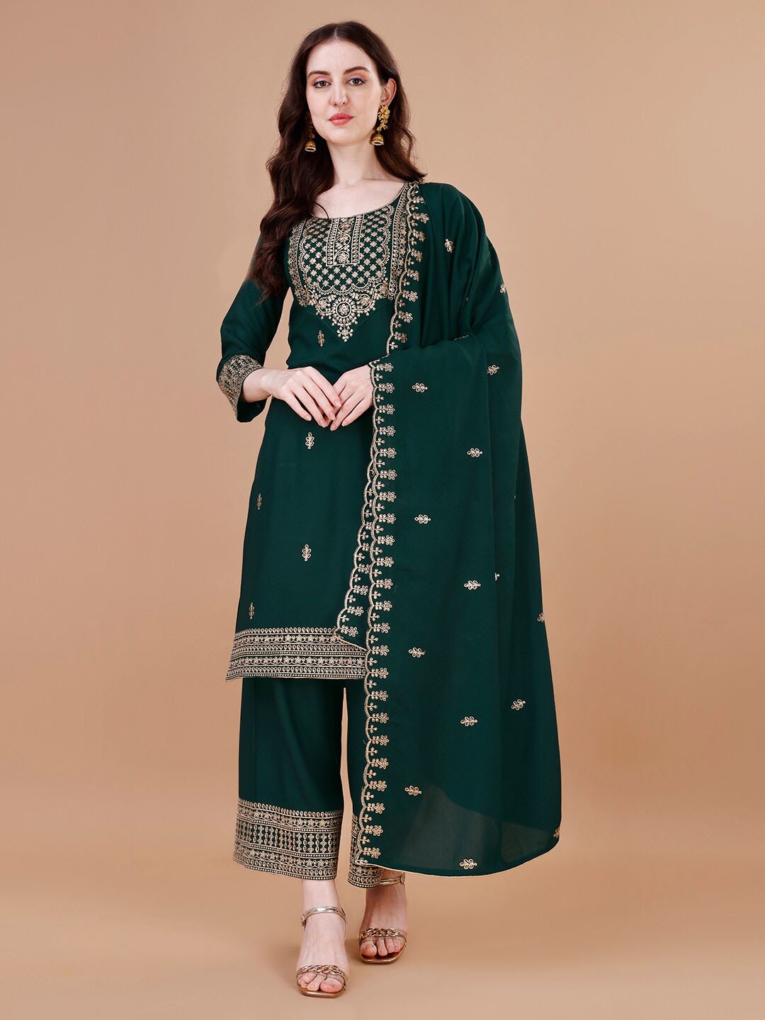 

KALINI Ethnic Motifs Embroidered Regular Kurta With Palazzos & Dupatta, Green
