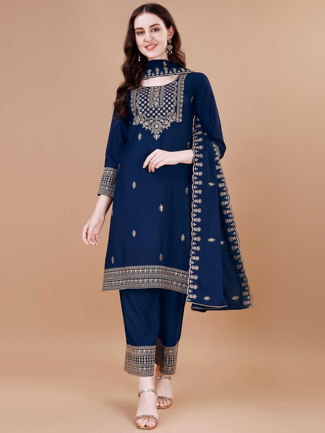 

KALINI Ethnic Motifs Embroidered Regular Kurta With Palazzos & Dupatta, Blue