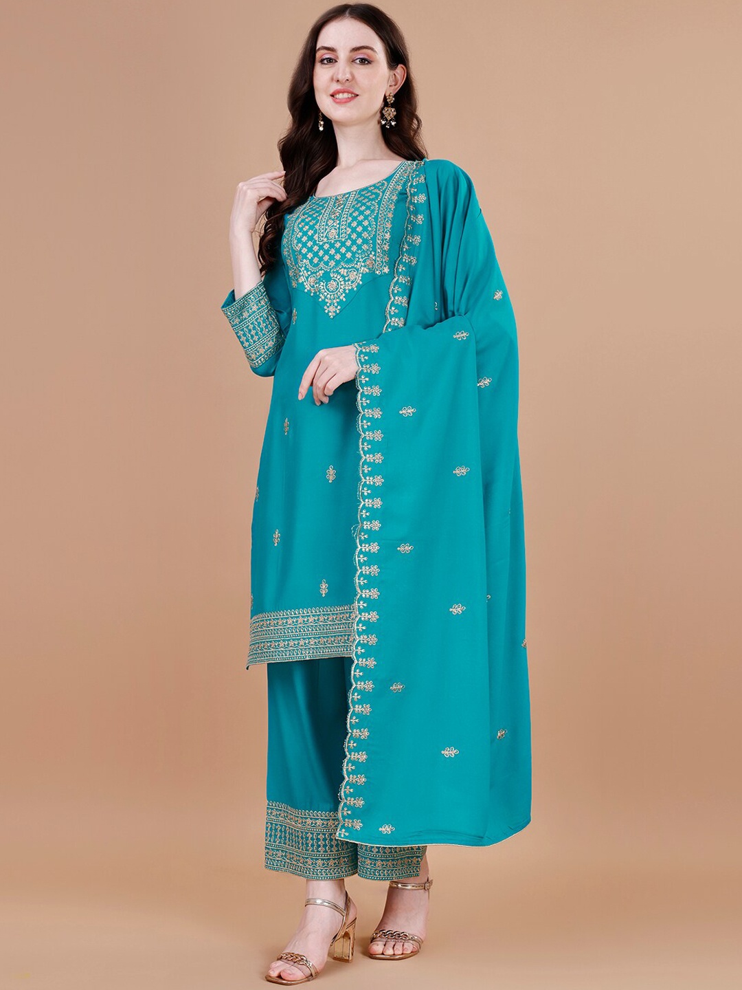 

KALINI Ethnic Motifs Embroidered Thread Work Straight Kurta & Palazzos With Dupatta, Teal