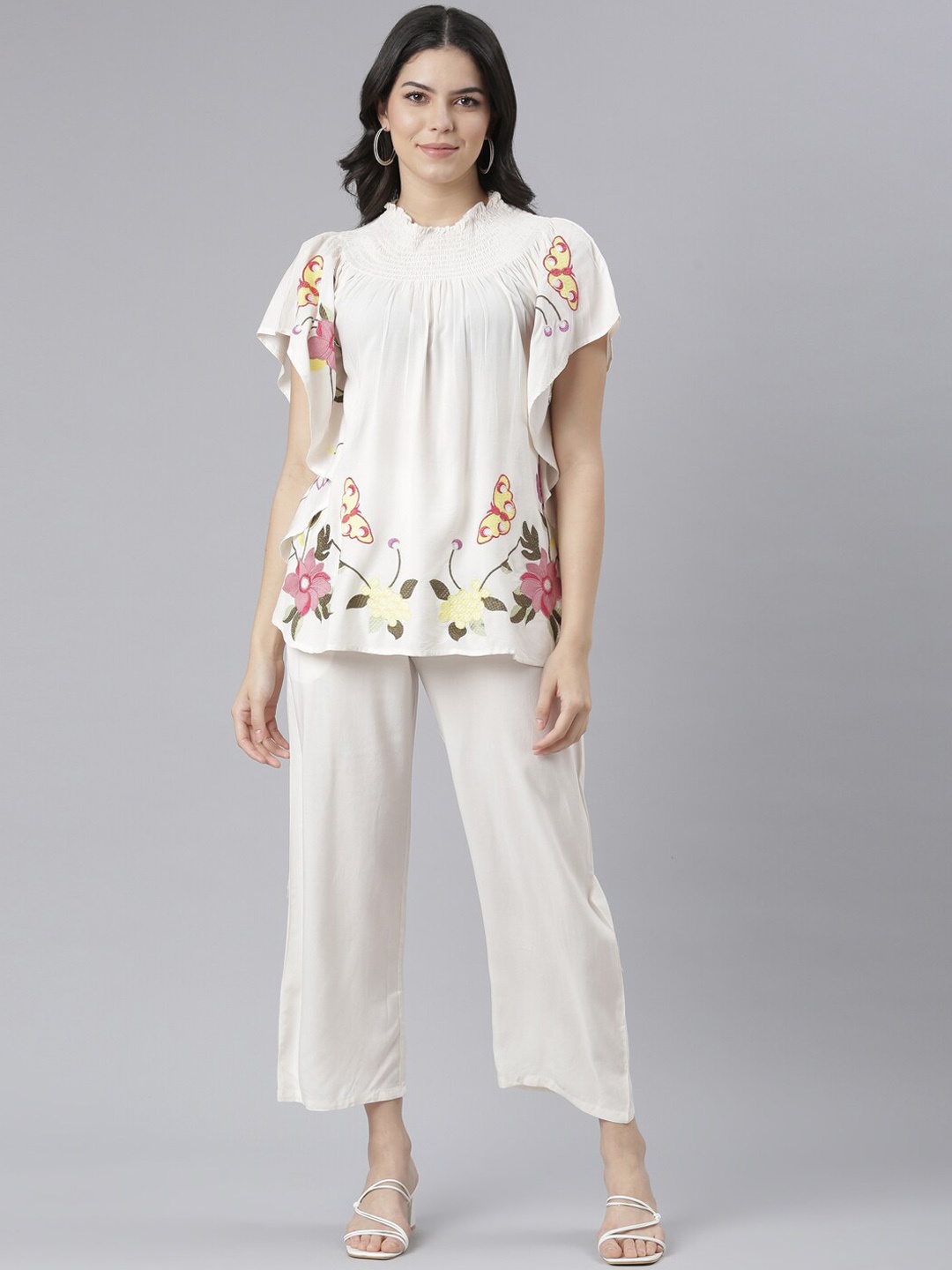 

Neerus Floral Printed High Neck Top With Trouser, Cream