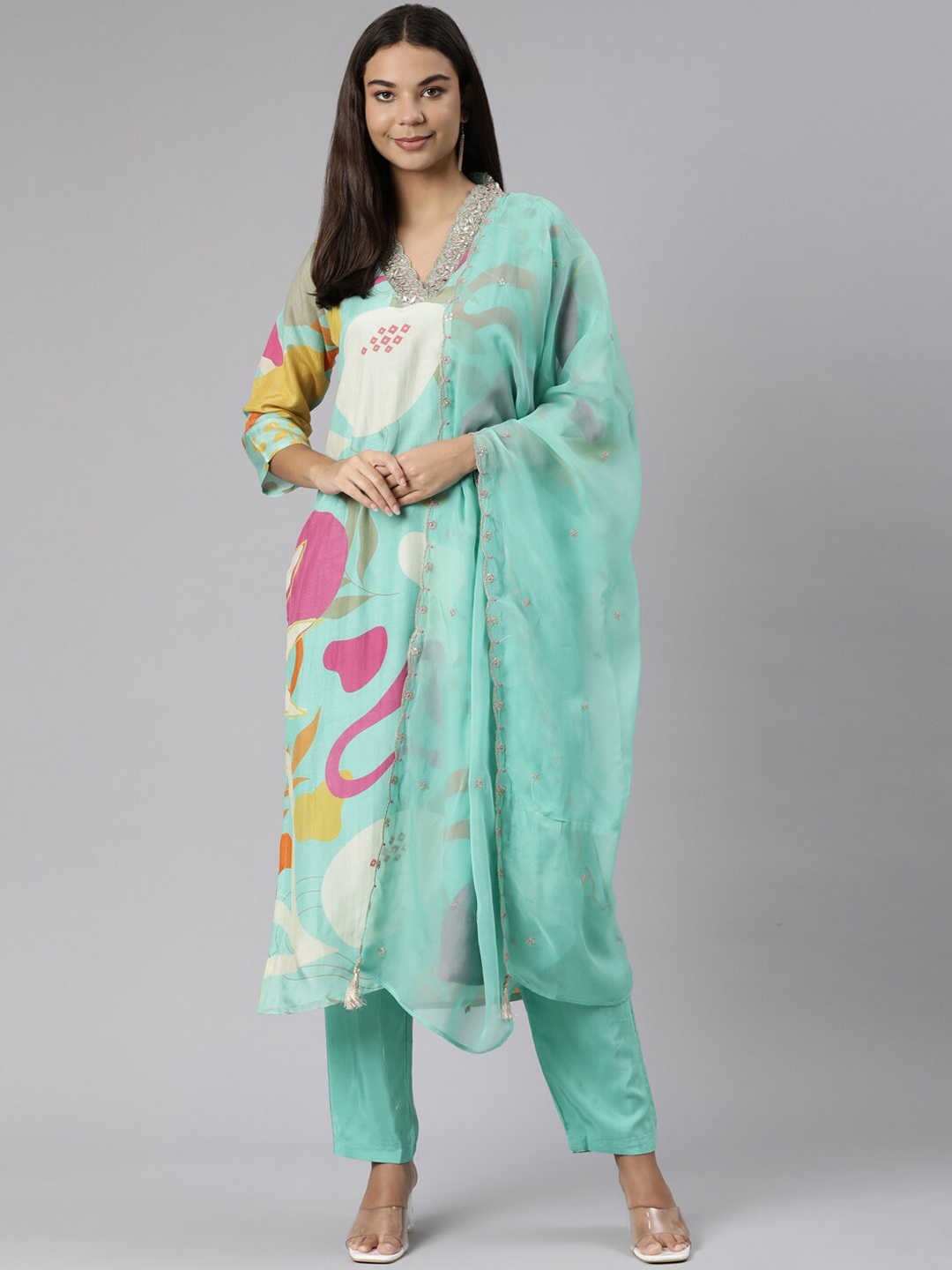 Neerus Abstract Printed Aari Work Kurta & Trousers With Dupatta, Sea green