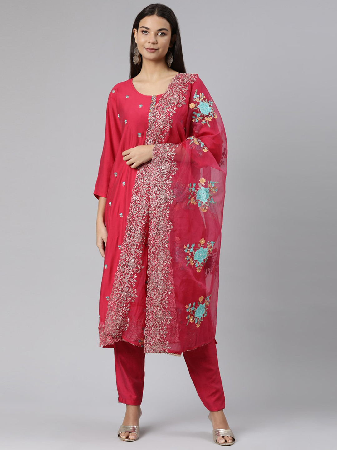 

Neerus Floral Embroidered Kurta with Trousers & Dupatta, Pink