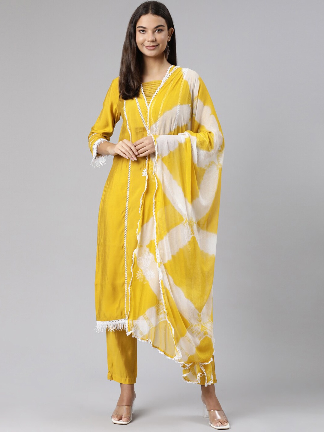 

Neerus Floral Embroidered Square Neck Kurta with Trousers & Dupatta, Mustard