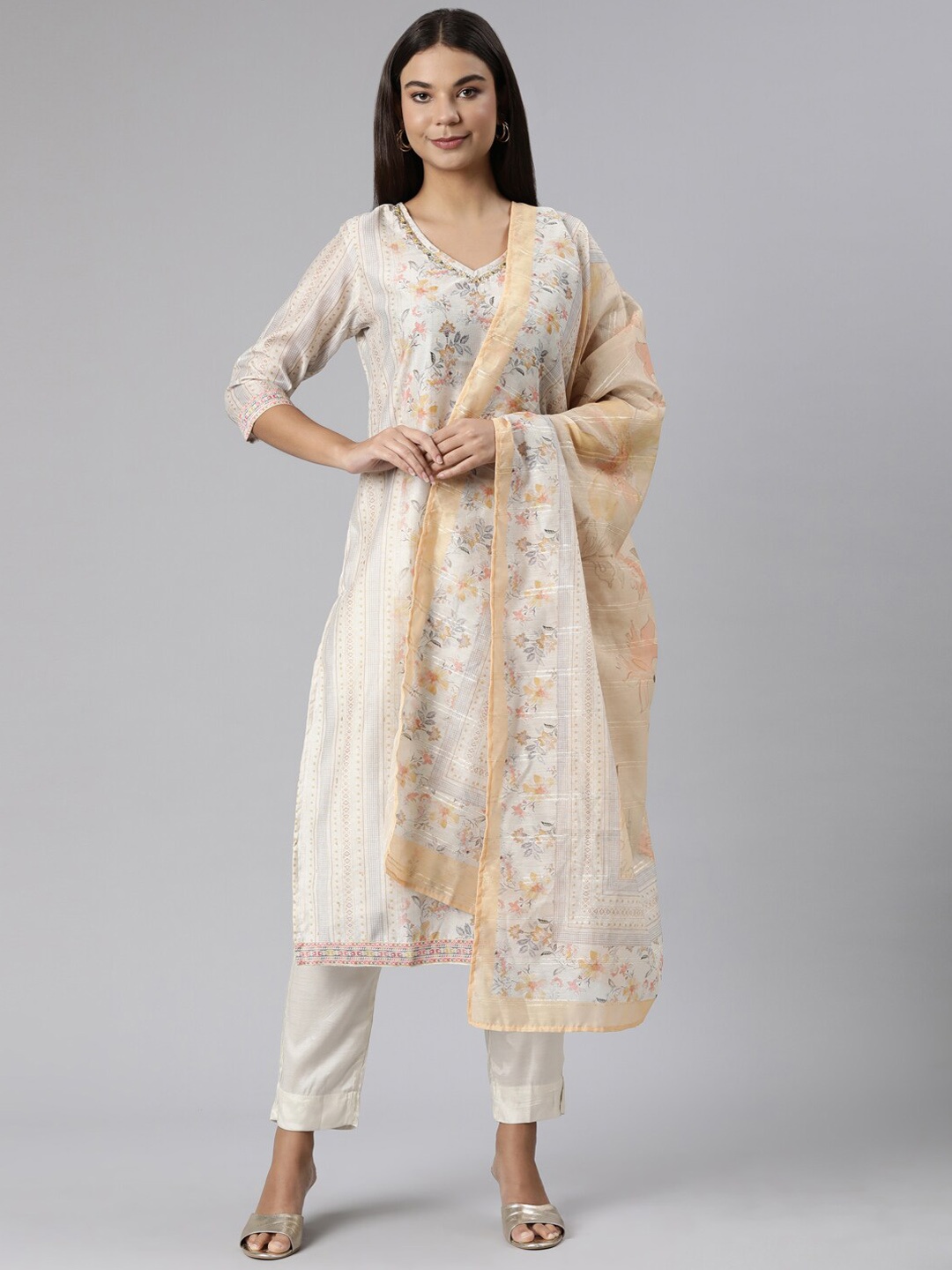 Neerus Floral Printed Regular Sequinned Kurta with Trousers & Dupatta, Off white