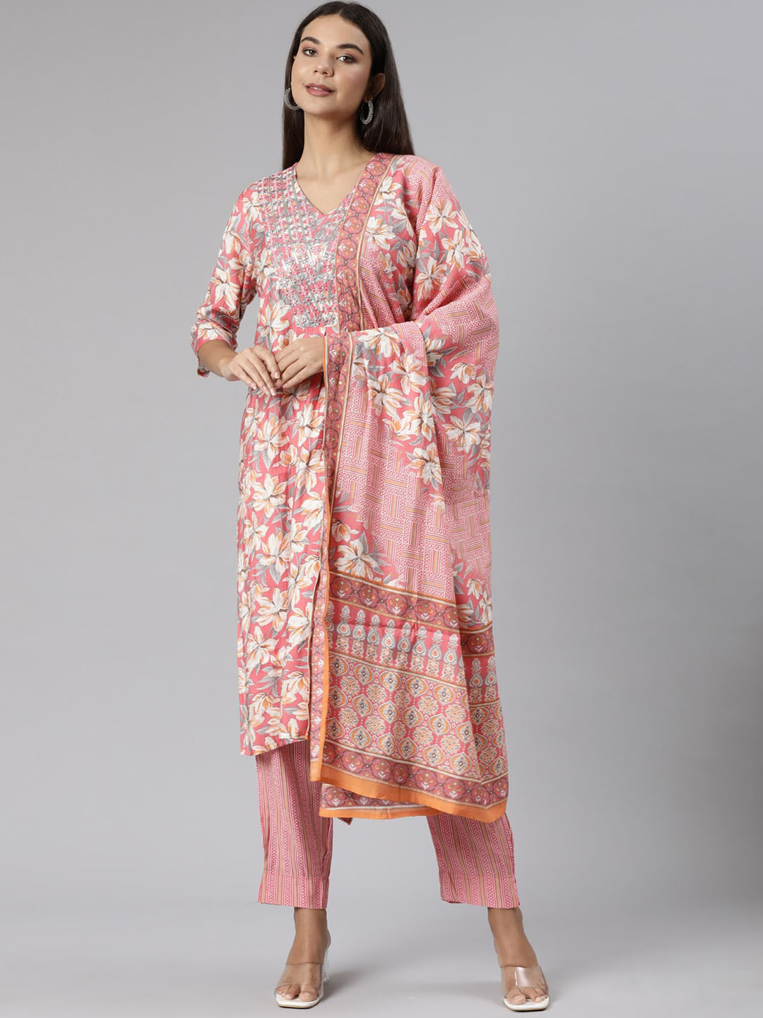 

Neerus Floral Printed Regular Thread Work Kurta With Trousers & Dupatta, Pink