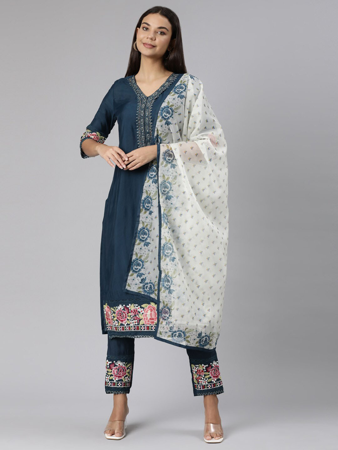 

Neerus Floral Embroidered V-Neck Kurta with Trousers & With Dupatta, Blue