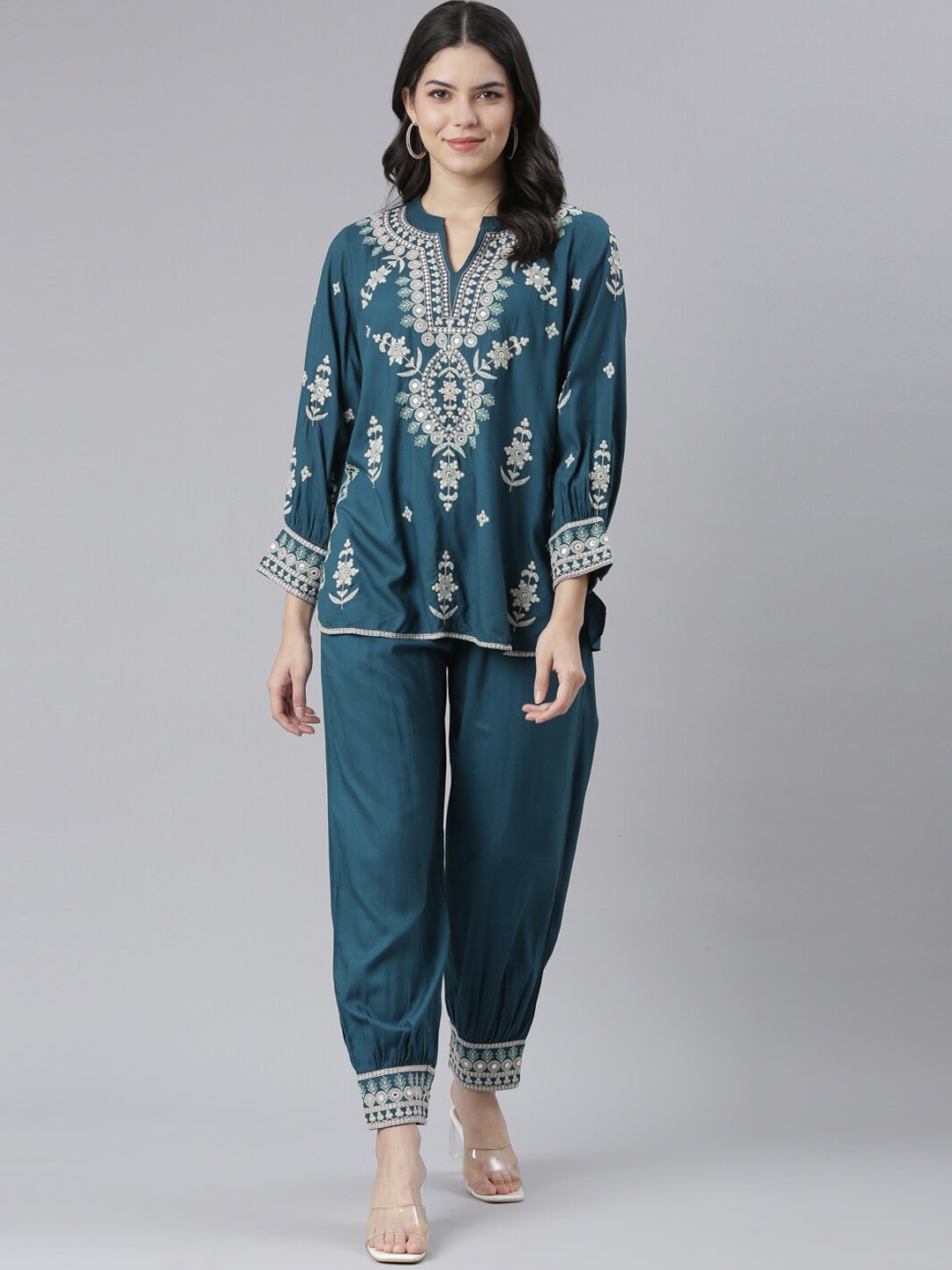 

Neerus Floral Embroidered Kurta with Salwar, Teal