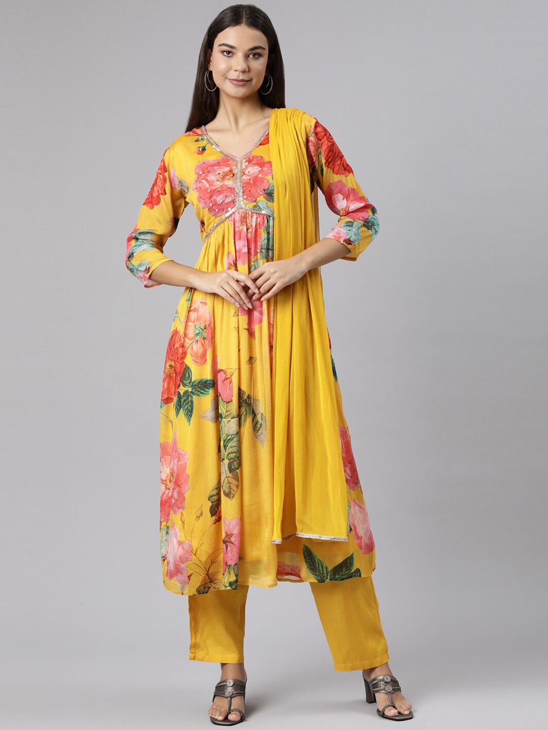 

Neerus Floral Printed Empire Sequinned Kurta With Trousers & Dupatta, Mustard