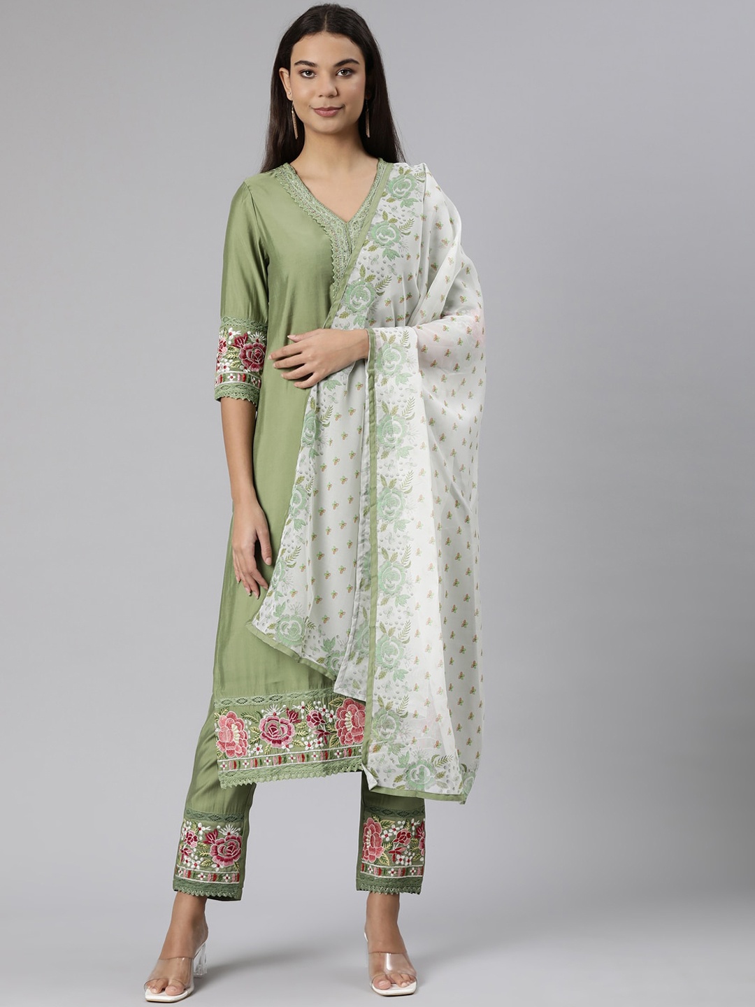 

Neerus Yoke Design Beads & Stones Kurta With Trousers & Dupatta, Green