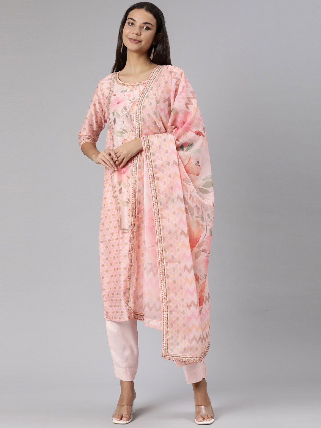 Neerus Women Pink Floral Printed Regular Kurta with Trousers & With Dupatta