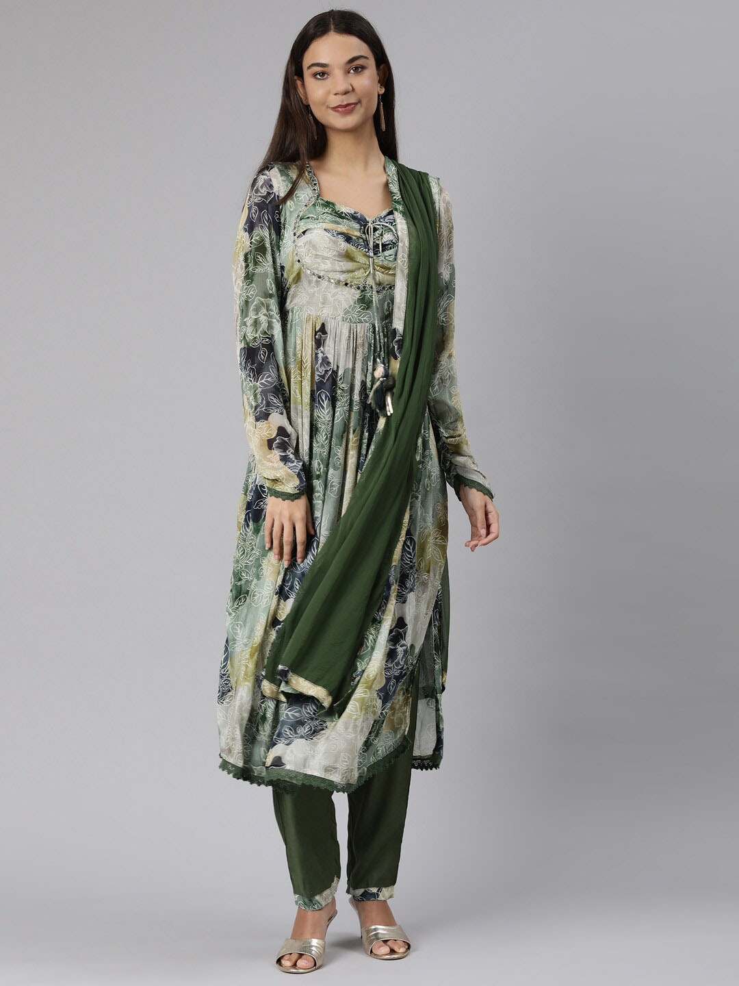 

Neerus Floral Printed Mirror Work A Line Kurta With Trousers & Dupatta, Green