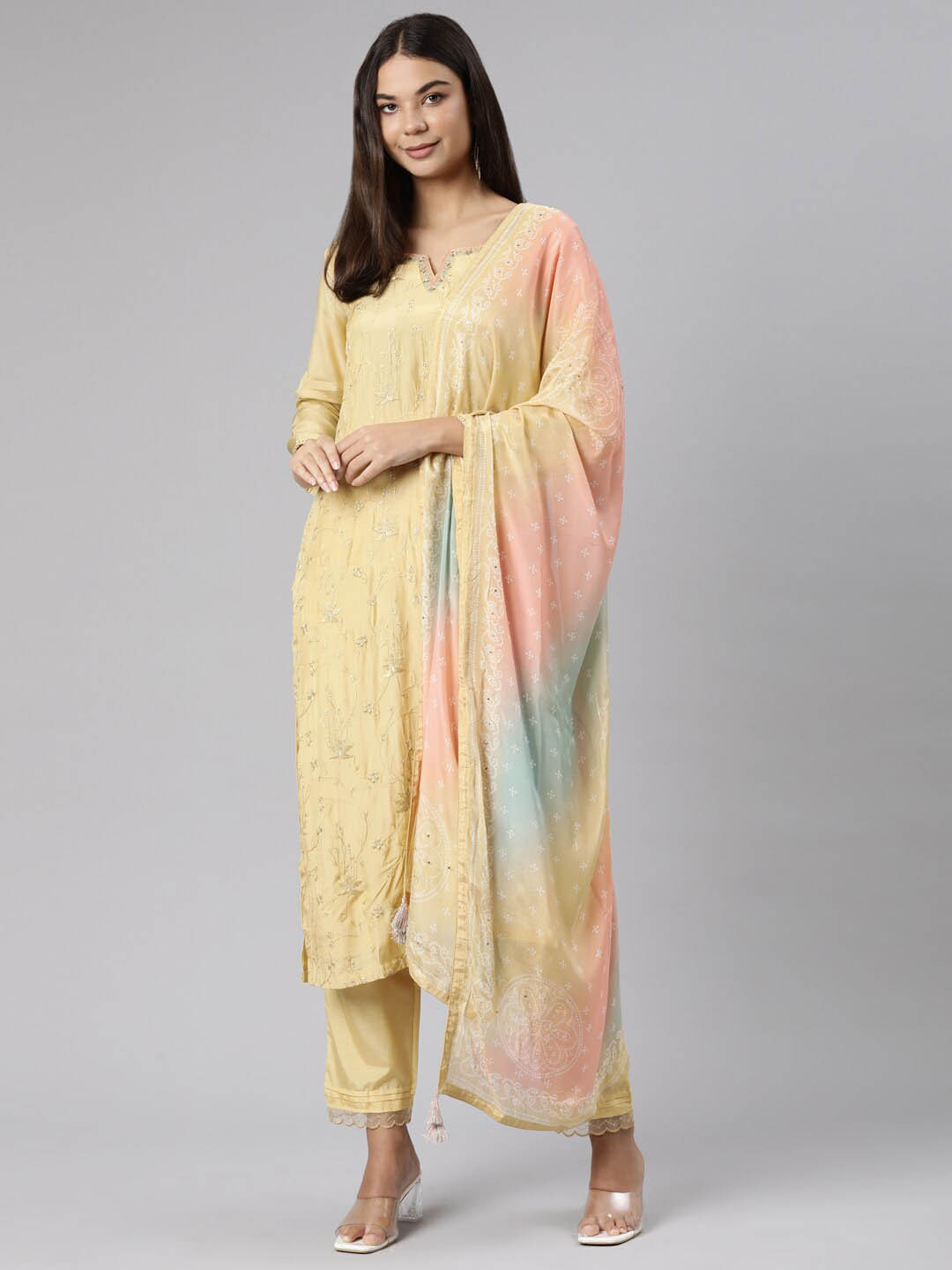 

Neerus Floral Embroidered Regular Thread Work Kurta With Trousers & Dupatta, Yellow