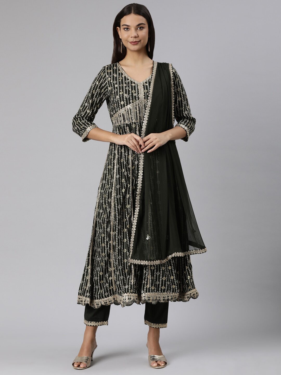 Neerus Bandhani Printed Mirror Work Kurta with Trousers & Dupatta, Olive