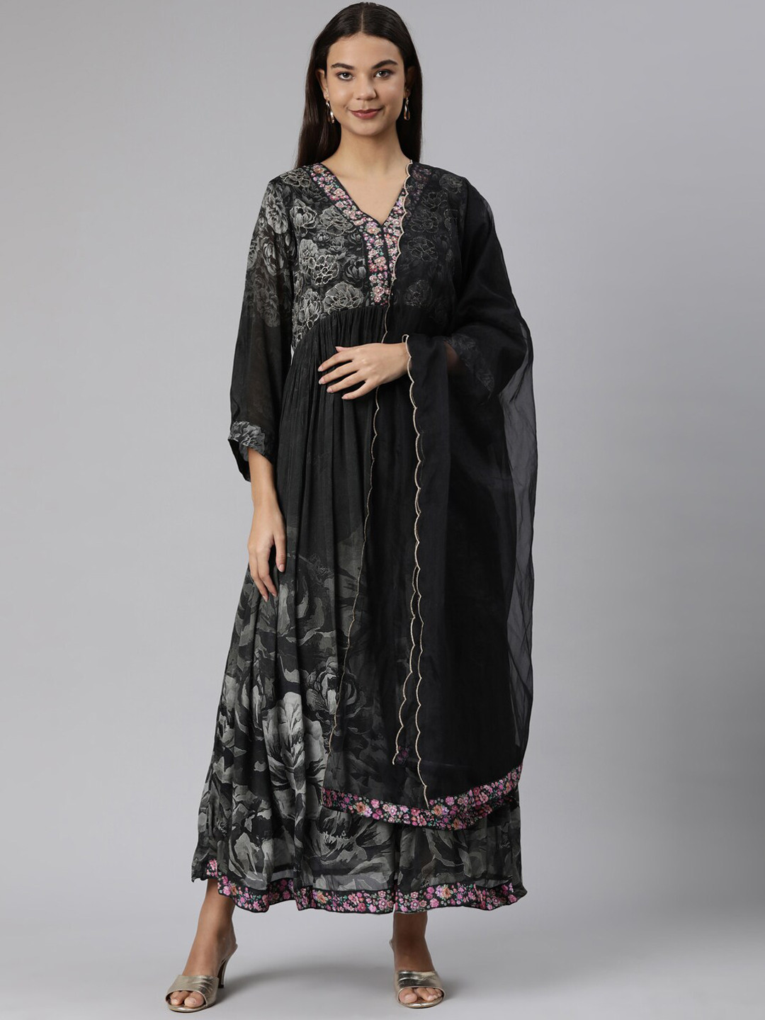 

Neerus Floral Printed Thread Work Anarkali Kurta with Trousers & Dupatta, Grey